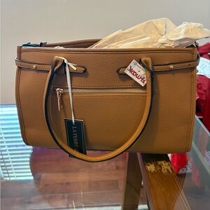 Tan Structured Tote Bag with Front Zip Pocket